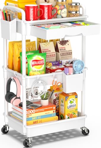 SUNALLY 3 Tier Rolling Cart with Drawer, Bathroom Storage Organizer Set