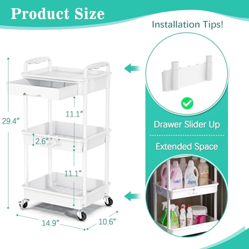SUNALLY 3 Tier Rolling Cart with Drawer, Bathroom Storage Organizer Set